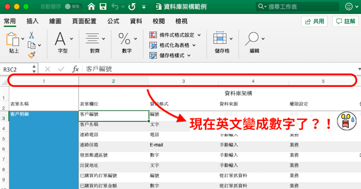 為什麼excel 檔原本的英文a B C 欄變成數字1 2 3了 如何修改